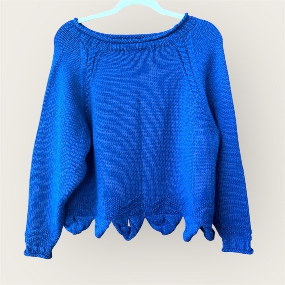 Handmade woven knit vibrant Blue Women's Sweater scallop hem